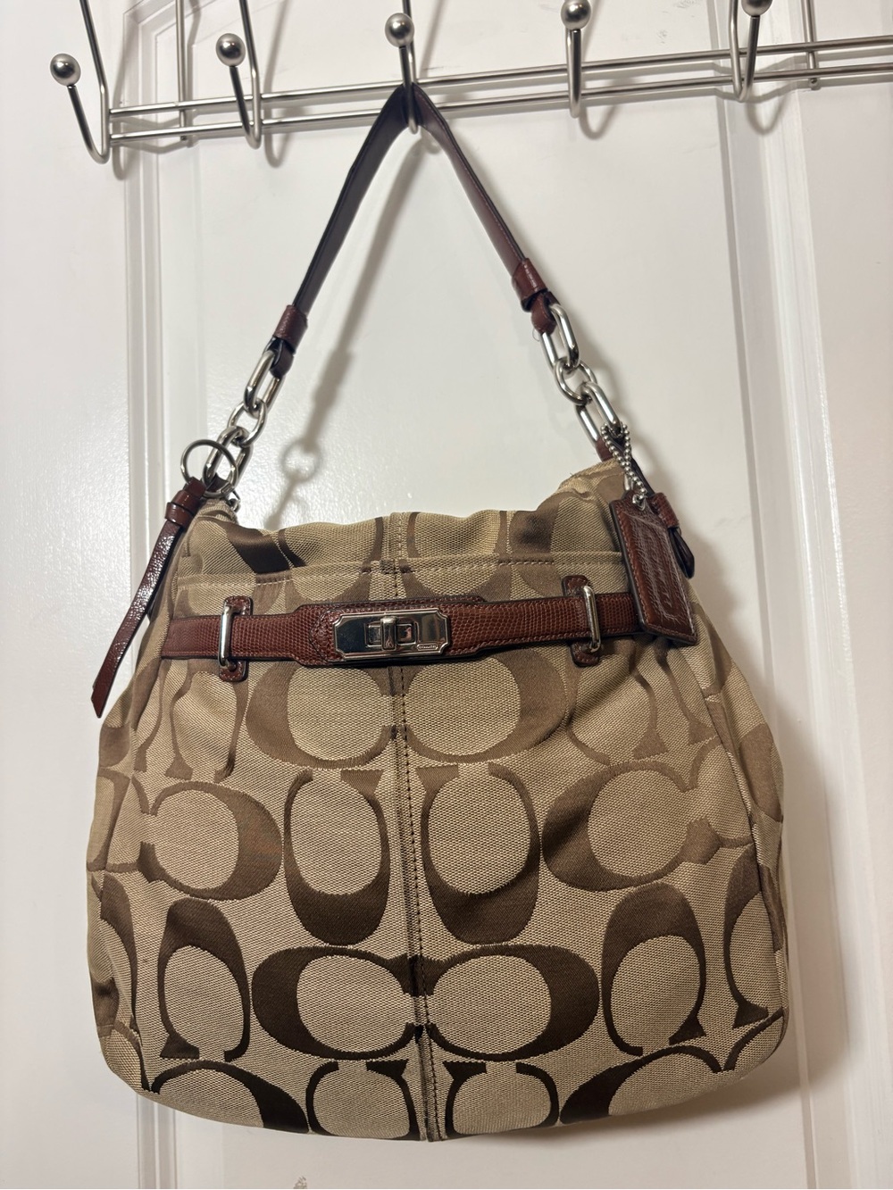 Coach Chelsea Ashlyn Monogram Shoulder Bag Khaki Walnut Turnlock